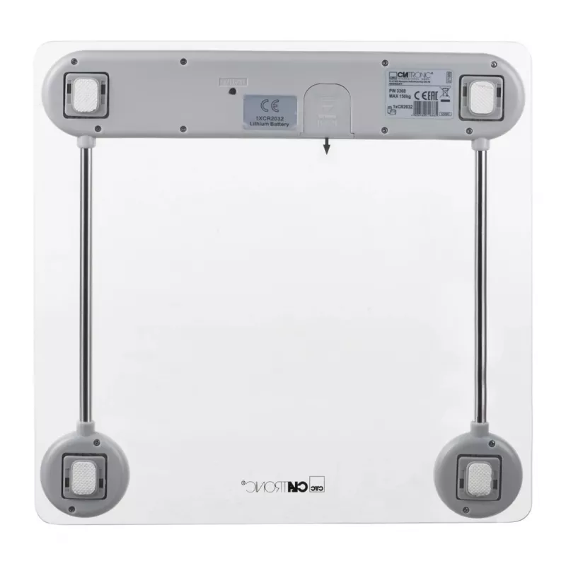 Elektroniskie personālie svari CLATRONIC PW 3368 — maks. 150 kg, precizitāte 100 g, stikla platforma
