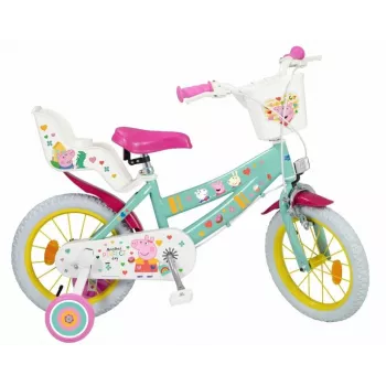 Bērnu velosipēds Toimsa Peppa Pig 14 collu ritenis, zaļš, aptuveni 3–5 gadiem, priekšējās un aizmugurējās suporta bremzes, piepūšamie riteņi