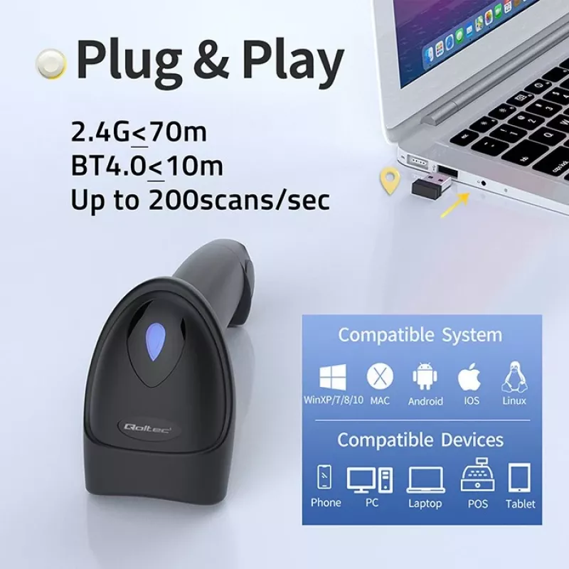 Svītrkodu lasītājs QOLTEC 50880 1D/2D USB — rokas skeneris ar USB saskarni