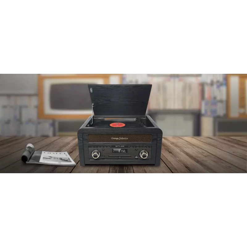 Skaņuplašu atskaņotājs muse MT-115 W — melns/zelts, 33-45-78 RPM, J formas skaņuplašu svira, rotējoša skaļuma poga, 240 V maiņstrāva