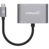 Manhattan USB-C dokstacija/sadalītājs, pieslēgvietas (x4): HDMI, USB-A, USB-C un VGA, ar strāvas padevi (PD) 87W - nepieciešams ārējs USB-C lādētājs (nav iekļauts). Darbināms ar USB (nav nepieciešams ārējs barošanas avots), kad PD netiek izmantots, alumīnija korpuss