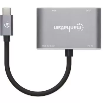 Manhattan USB-C dokstacija/sadalītājs, pieslēgvietas (x4): HDMI, USB-A, USB-C un VGA, ar strāvas padevi (PD) 87W - nepieciešams ārējs USB-C lādētājs (nav iekļauts). Darbināms ar USB (nav nepieciešams ārējs barošanas avots), kad PD netiek izmantots, alumīnija korpuss