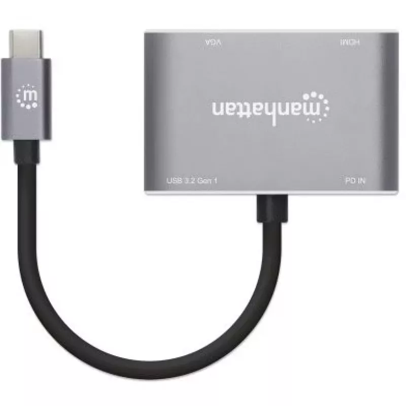Manhattan USB-C dokstacija/sadalītājs, pieslēgvietas (x4): HDMI, USB-A, USB-C un VGA, ar strāvas padevi (PD) 87W - nepieciešams ārējs USB-C lādētājs (nav iekļauts). Darbināms ar USB (nav nepieciešams ārējs barošanas avots), kad PD netiek izmantots, alumīnija korpuss