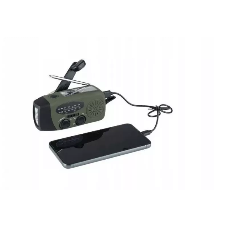 Avārijas radio FOSCO 464600 ar LED lukturīti, ārējo akumulatoru, FM, IPX3, saules/manuālo/USB-C uzlādi — zaļš/melns