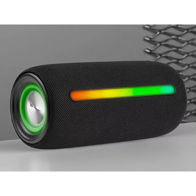 Pārnēsājams stereo skaļrunis TRACER Stripe Melns — 10 W RMS, Bluetooth/vadu, USB-A un USB-C, MicroSD, iebūvēts akumulators (līdz 5 h)