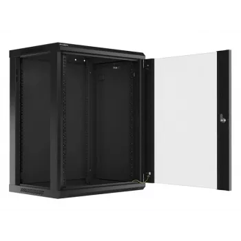 Lanberg pie sienas montējams instalācijas skapja korpuss 19'' 15U 600x450mm melns (stikla durvis)