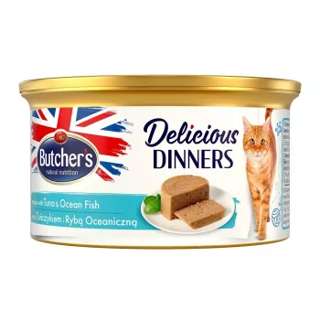 Slapjā kaķu barība butcher's Delicious Dinners Mousse ar tunci un okeāna zivīm, bundžiņa 85 g, pieaugušiem, bez cukura un lipekļa