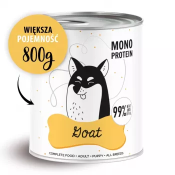 Mitrā suņu barība PAKA ZWIERZAKA Pepe Goat 800 g — pilnvērtīga pieaugušo mitrā barība ar kazu, 81,4% mitrums, 9,6% olbaltumvielas