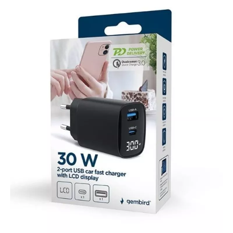 Mobilās ierīces lādētājs Gembird TA-UC-PDQC30LCD-BK-01 Ātrā uzlāde Melns