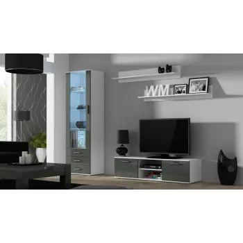 TV statīvs cama meble SOHO 140 — 1400×430×370 mm, balta virsma, skaidu plāksne, balts rāmis, balti/pelēks spīdums