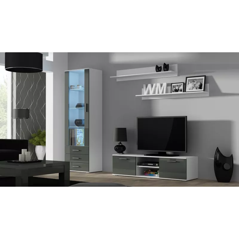 TV statīvs cama meble SOHO 140 — 1400×430×370 mm, balta virsma, skaidu plāksne, balts rāmis, balti/pelēks spīdums
