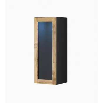 Stikla vitrīnas skapis cama meble VIGO 90, pie sienas stiprināms, 90×35×32 cm, melns/votāna ozols
