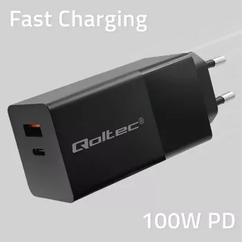 Qoltec 52382 GaN POWER PRO lādētājs | 1xUSB Type-C | 1xUSB A | 100W | 5-20V | 1.5-5A | PD | Melns