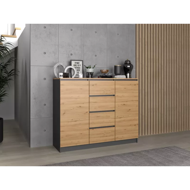 Kumode Topeshop 2D4S ANT/ART BA KPL — 4 atvilktnes, antracīts/ozols, 1200×400×970 mm, kokskaidu plātne
