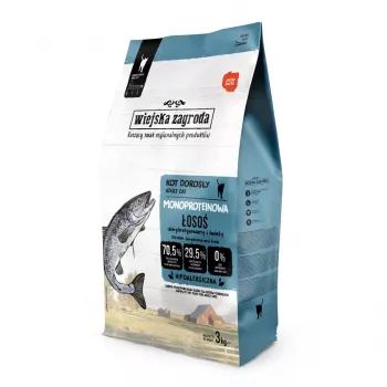 Sausā kaķu barība wiejskazagroda Monoproteīns Laša Pieaugušiem 3 kg - bezgraudu, no vienas olbaltumvielu avota, 38% olbaltumvielu, 20% tauku