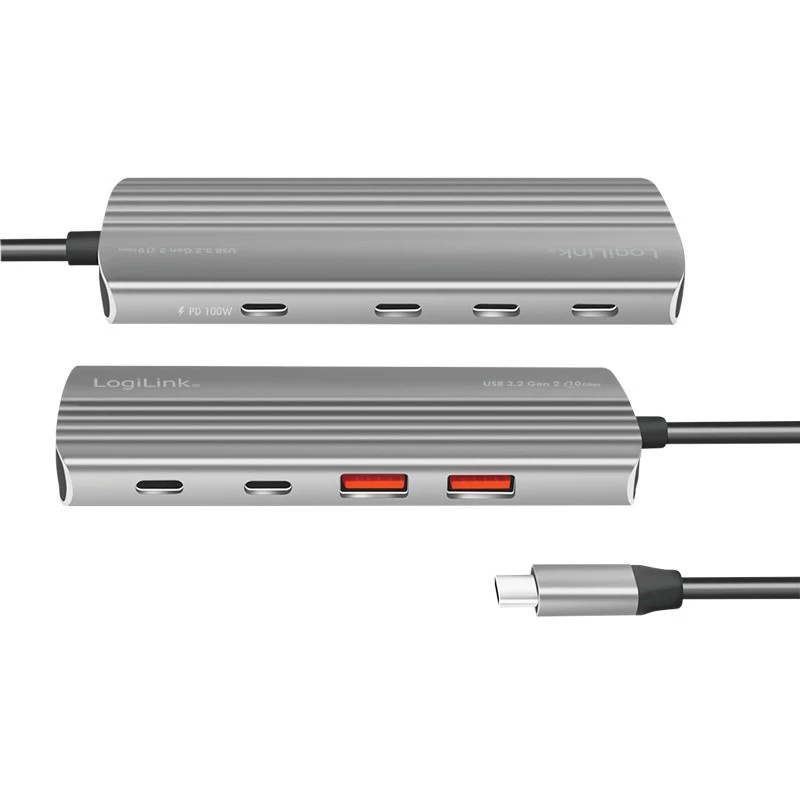 LogiLink USB 3.2 Gen2 centrmezgls 7+1 porti, 2x USB-A, 5x USB-C, PD 100 W, alumīnijs