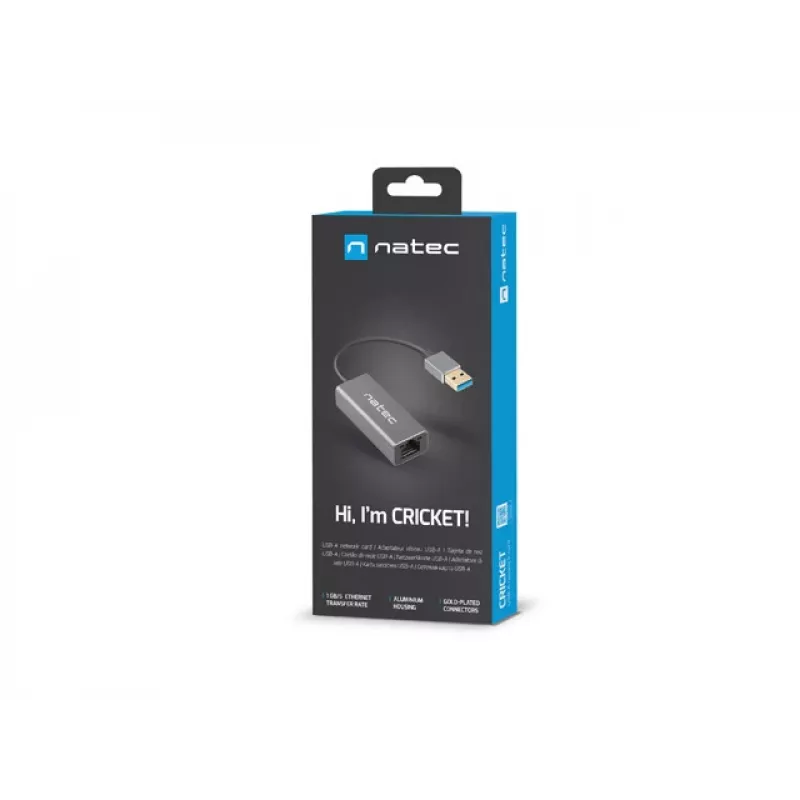 USB centrālmezgls NATEC Cricket USB 3.2 Gen 1 Type-A ar RJ-45 Ethernet 1000 Mbit/s, alumīnija korpuss, melns