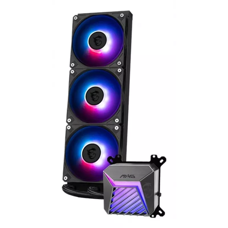 Viss vienā šķidruma dzesētājs MSI MAG Coreliquid A15 360 — 3x 120 mm ventilatori, radiators 394 x 120 x 27 mm, sūknis 5V, RGB, atbalsta LGA 1851