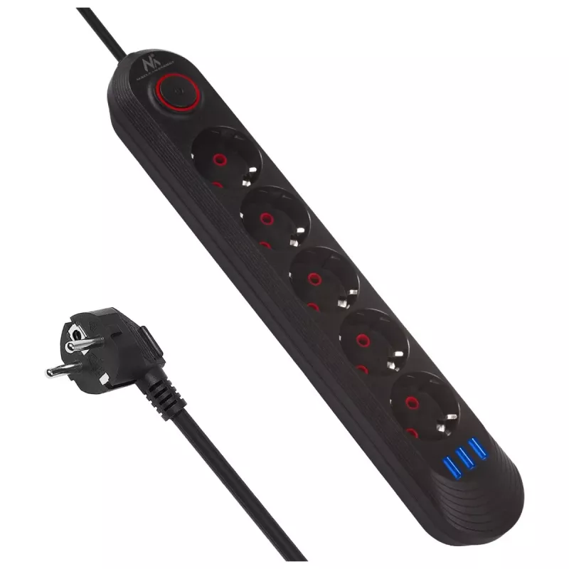 Strāvas sadalītājs MACLEAN MCE395 B — 5 ligzdas, 3×USB, 110–240 V maiņstrāva, 2,1 A USB, 2500 W, 1,5 m kabelis, melns