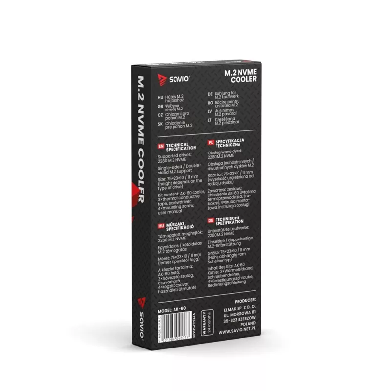 Gaisa dzesētājs SAVIO M.2 NVMe 2280 AK-60 melns radiators 22x80 mm SSD