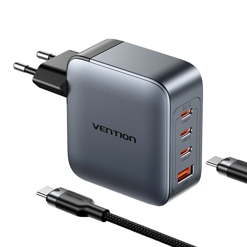 Vention strāvas lādētājs TZ-FETH0-EU 3× USB-C + 1× USB-A 100W, PD līdz 30W uz C, ieeja 100–240V