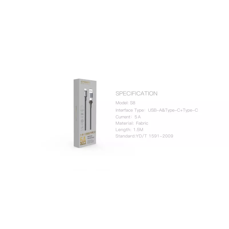 USB Type-C 2-in-1 kabelis Orsen S8, 5A, 1,5 m (ātrā uzlāde/dati)