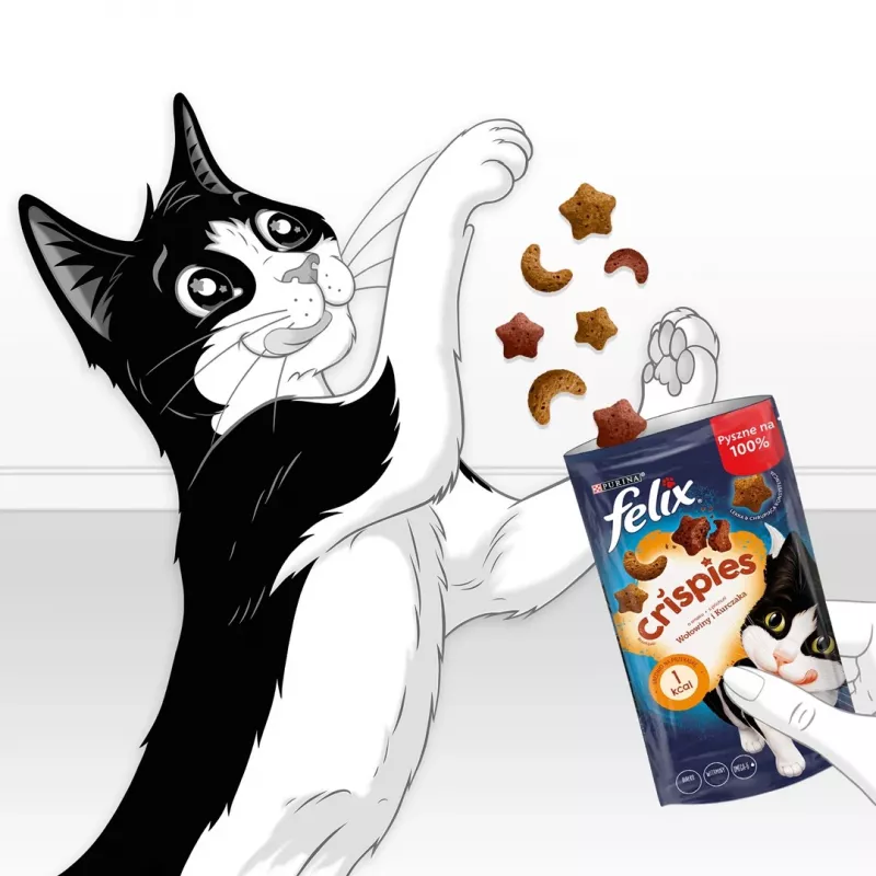 Sausais kaķu kārums Felix Crispies Liellopu gaļa & Vista 45 g — gaļīgs kraukšķīgs našķis pieaugušiem kaķiem, 31,5% olbaltumvielu, 15,5% tauku