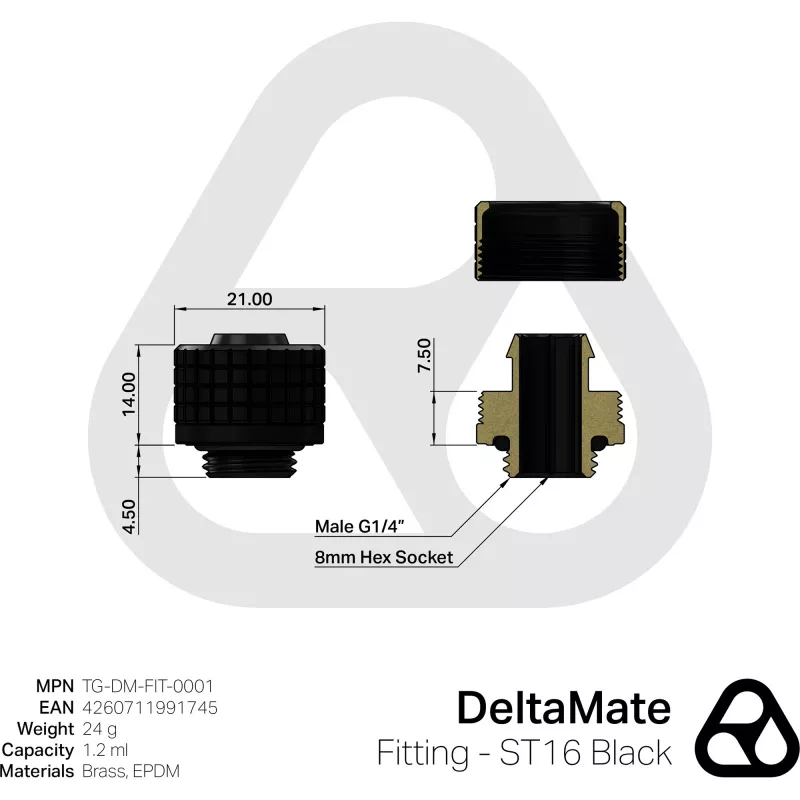 Thermal Grizzly DeltaMate Fitting ST16 savienojums, melns — montāžas adapteris ST16 ligzdām