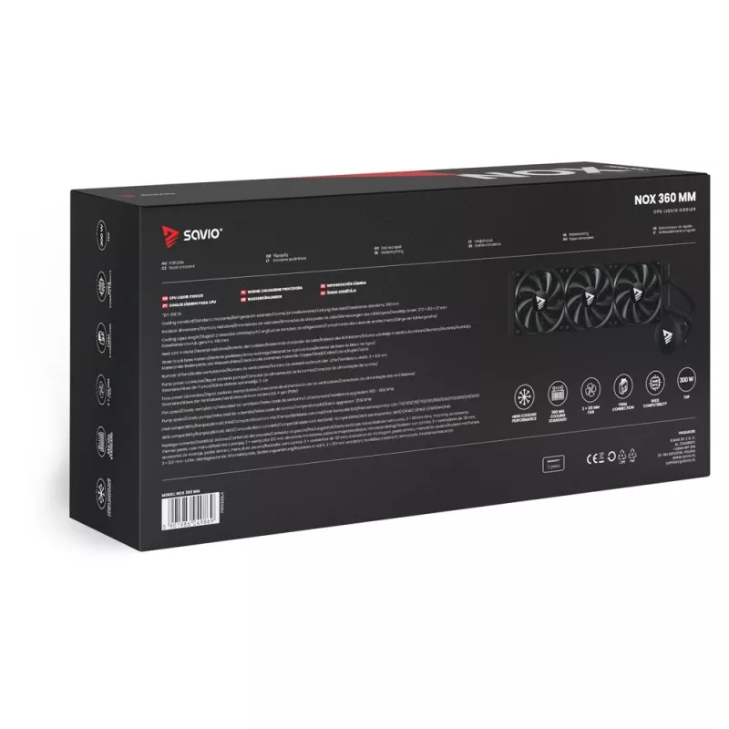 Šķidruma dzesēšanas komplekts SAVIO NOX 360 mm (3×120 mm ventilatori, vara pamatne, alumīnija radiators) Melns, 600–1800 RPM