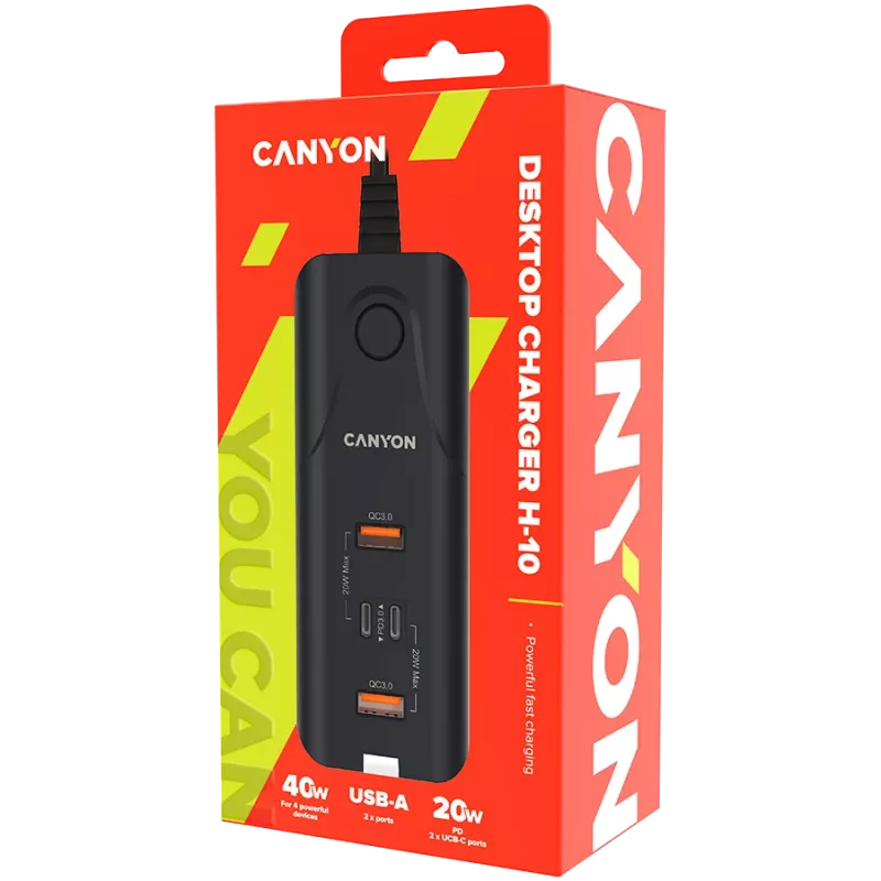 CANYON lādētājs H-10 PD 20W QC 3.0 18W 2USB-A 2USB-C galda melns