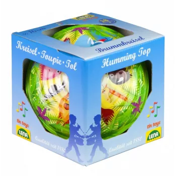 Rotējošā bumbiņa Lena Humming top Savvaļas dzīvnieki 16 cm — koka rotējošā rotaļlieta no Lena, 16 cm diametrs