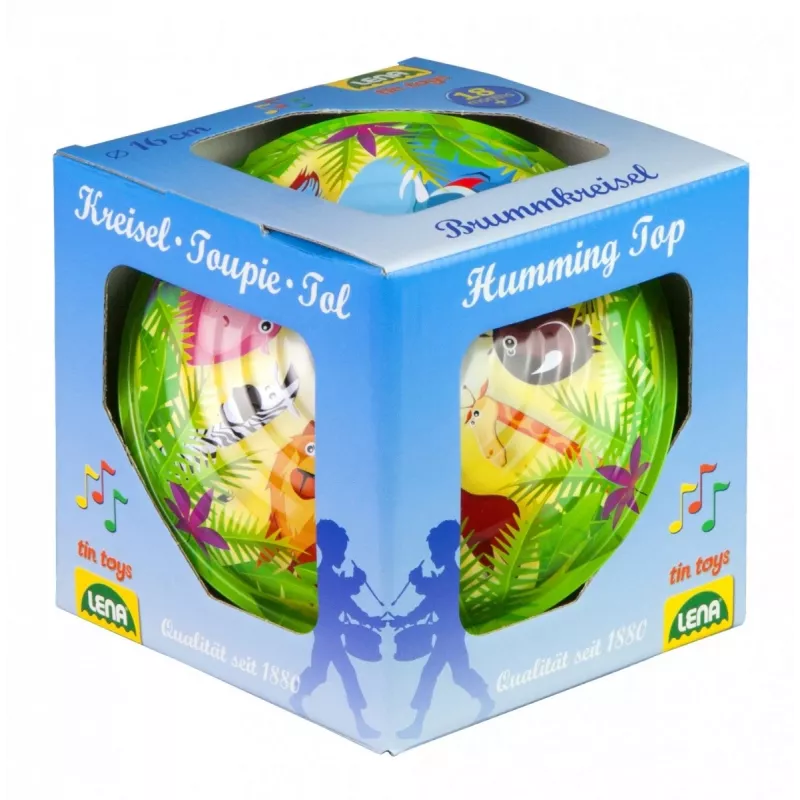 Rotējošā bumbiņa Lena Humming top Savvaļas dzīvnieki 16 cm — koka rotējošā rotaļlieta no Lena, 16 cm diametrs