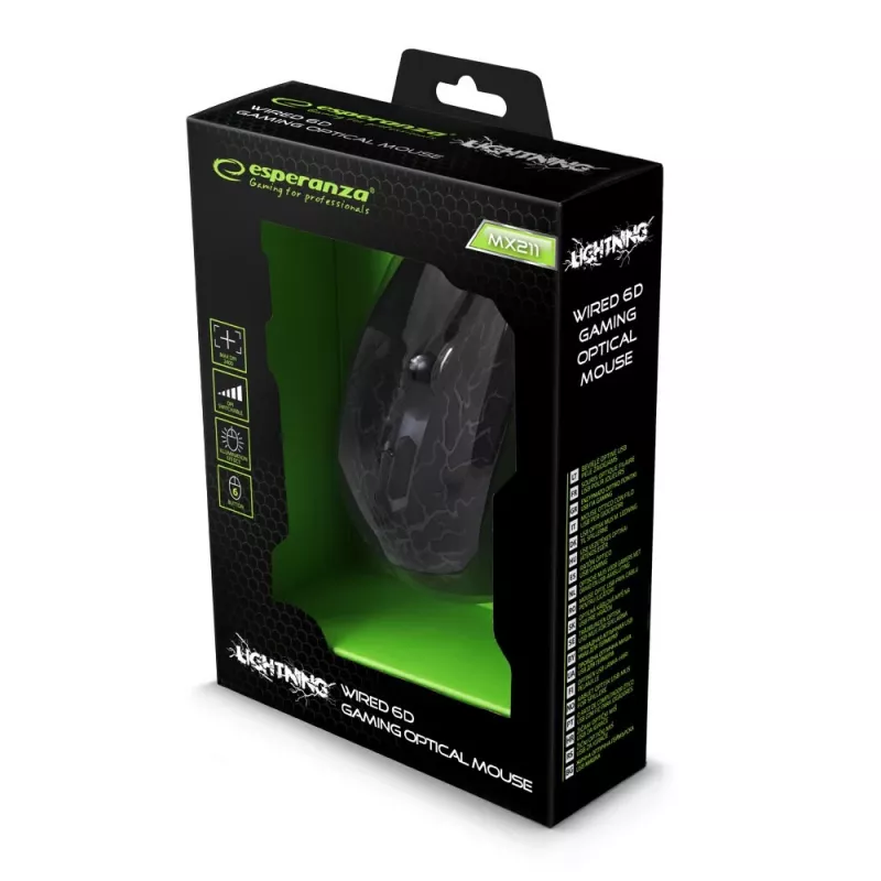 Esperanza MX211 LIGHTNING - Pele - USB - Pele - Optiskā - 6 pogas - Melna