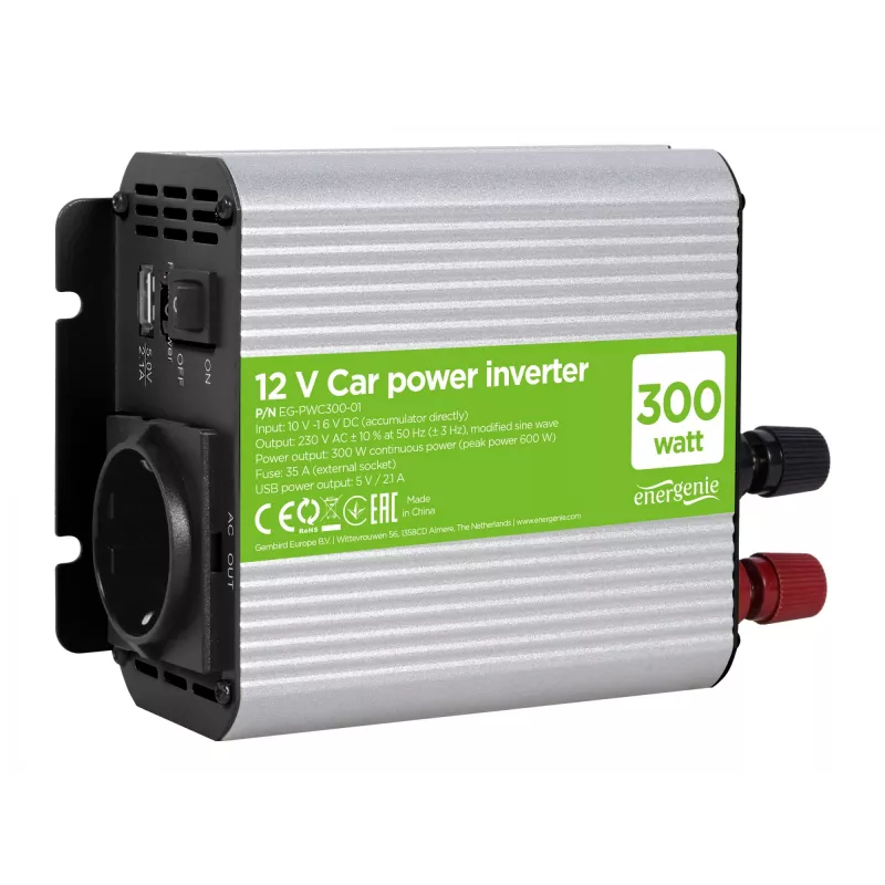 Gembird EG-PWC300-01 tīkla adapteris/invertors Auto 300 W Pelēks
