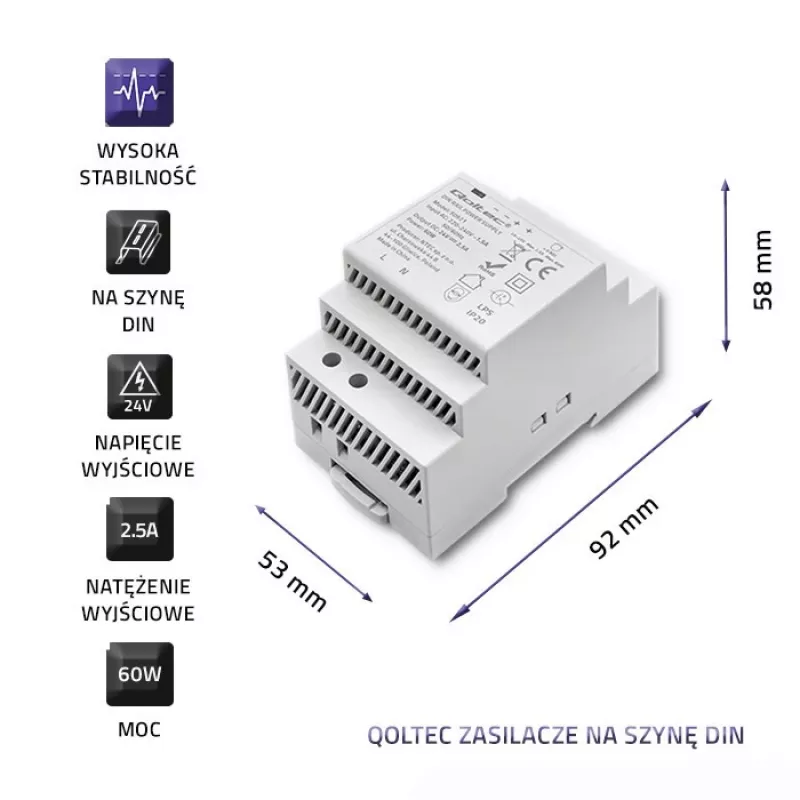 DIN sliežu barošanas bloks QOLTEC 24V 2.5A 60W pelēks