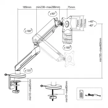 NanoRS Gaming Monitor Mount 17-32 ar RGB LED apgaismojumu, galda stiprinājums, augstuma regulēšana, pagriešana, slīpums, maks. 9 kg, VESA 75x75 / 100x100