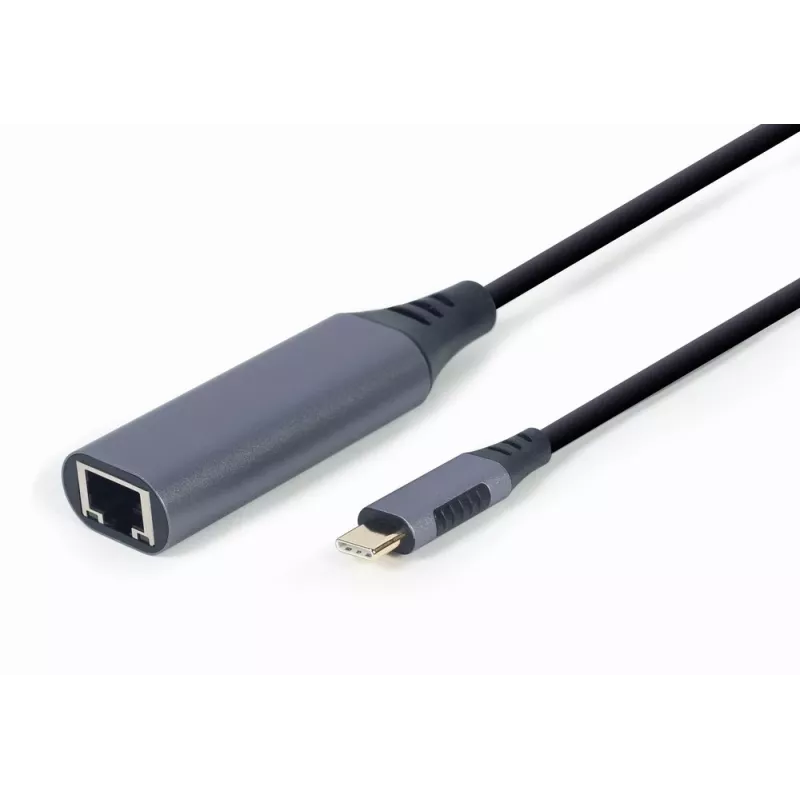 Tīkla adapteris Gembird A-USB3C-LAN-01 Type-C USB 3.2 Gen 1, Gigabit RJ-45, 0,15 m kabelis, metāla korpuss, pelēks/melns