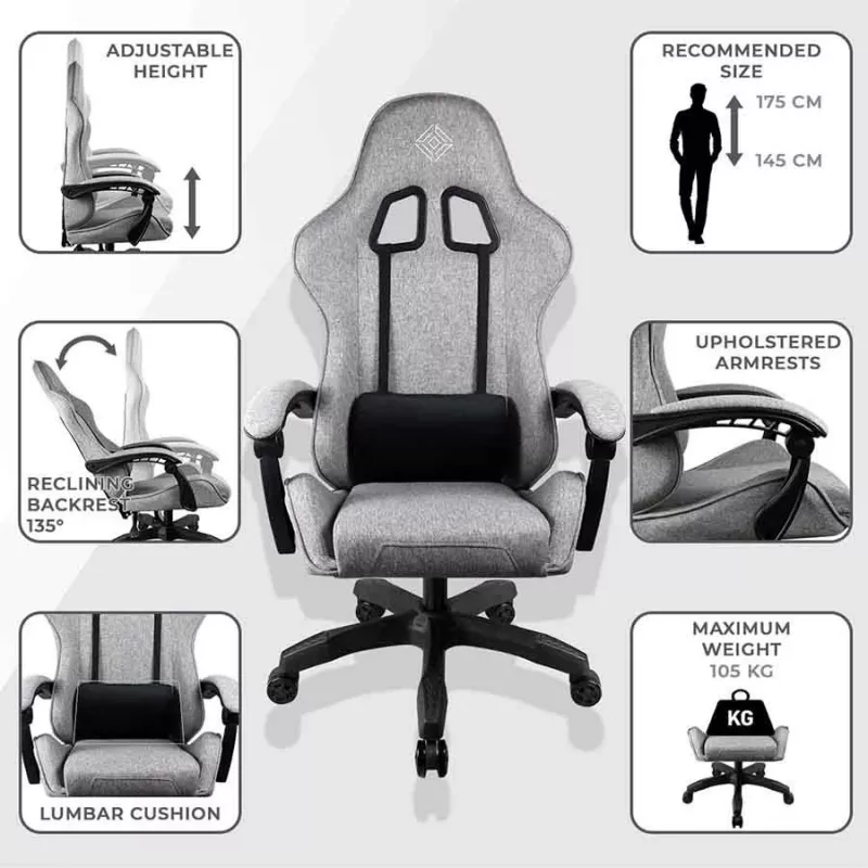 Spēļu krēsls SUBSONIC SA5685-2 — pelēks, ergonomisks dizains, regulējams augstums