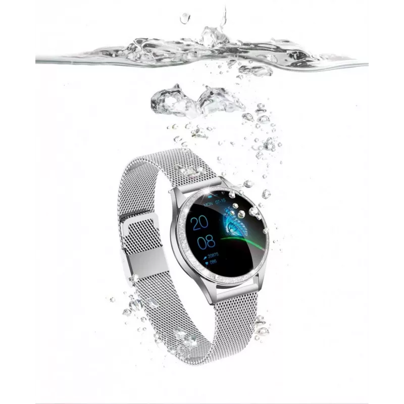 Smartwatch ORO-MED ORO-SMART CRYSTAL SILVER — apaļš metāla korpuss, LCD 240×198, 1,04 collu displejs, Bluetooth 4.0, ūdensizturīgs, 120 mAh baterija