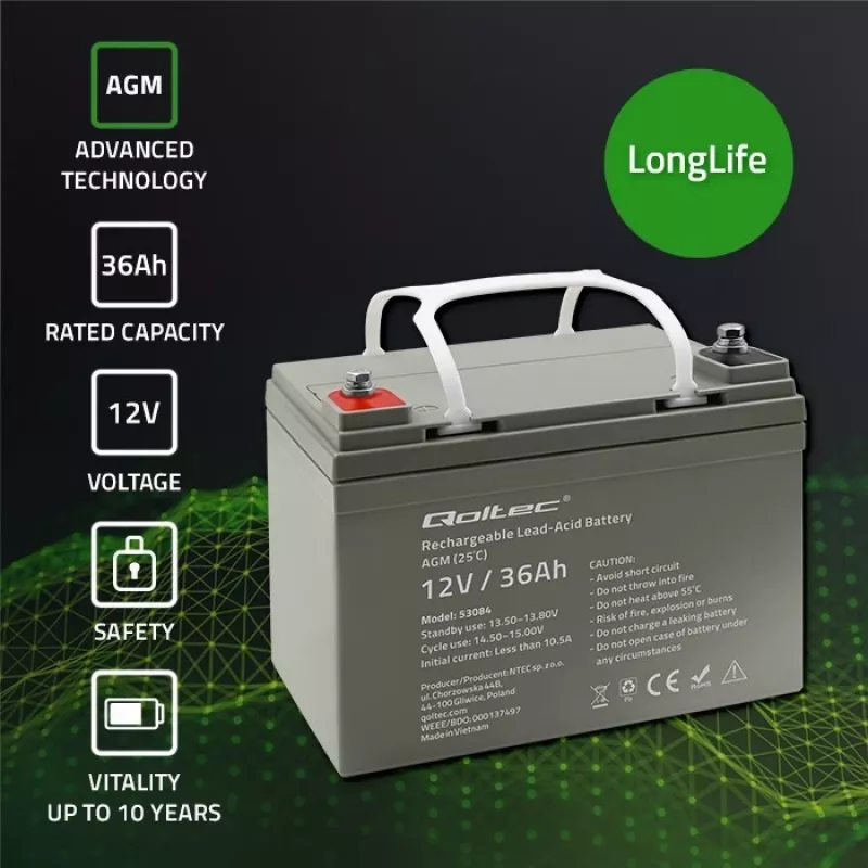Hermētiska AGM UPS baterija QOLTEC 53084 12V 36Ah LongLife