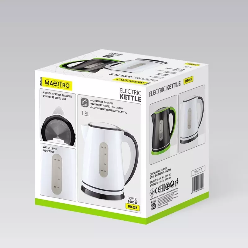 Elektriskā tējkanna Maestro MR-058-balta 1,8 L, 2000 W, bezvada, noņemams filtrs