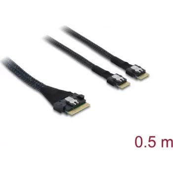 DELOCK PCIe 4.0 plāns SAS SFF-8654 uz 2× SFF-8644 (4i) kabelis 0,5 m