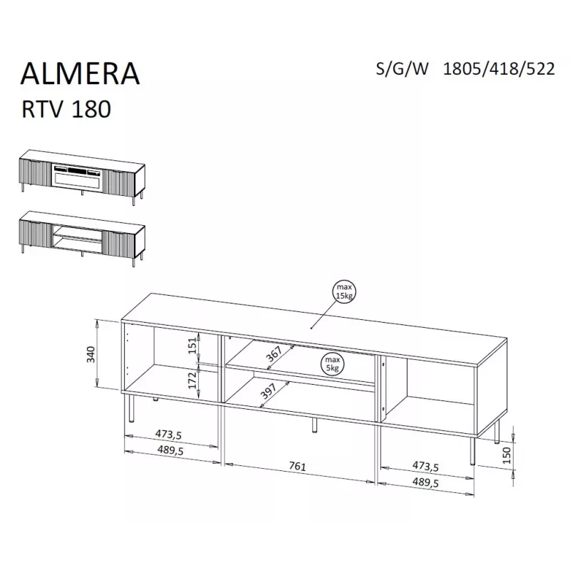 TV skapis Cama ALMERA 180.5×42×52.5 cm valrieksta/krējkrāsas – skaidu plātnes virsma, valrieksta rāmis