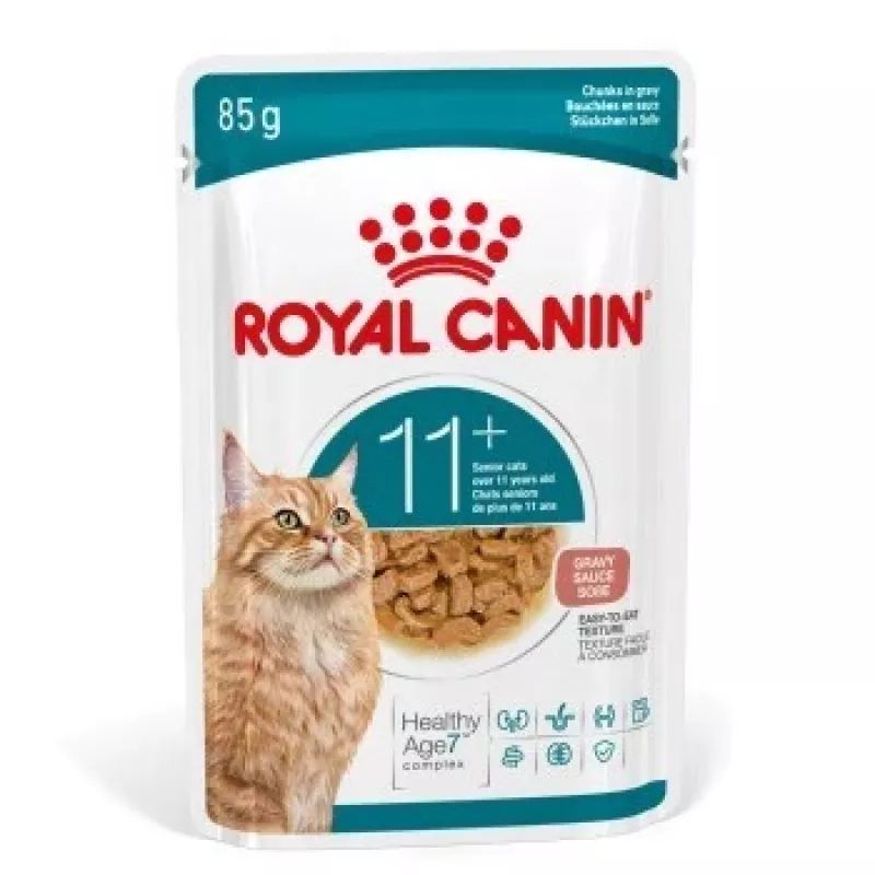 Mitrā kaķu barība Royal Canin FHN Ageing 11+ Gravy 12 × 85 g – pilnvērtīga mitrā barība senioriem paplātītēs