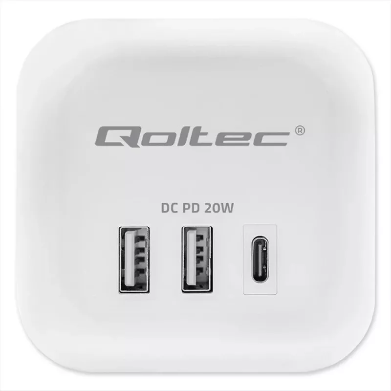 Strāvas sadalītājs QOLTEC 52548 ar 3 maiņstrāvas rozetēm un USB pieslēgvietu