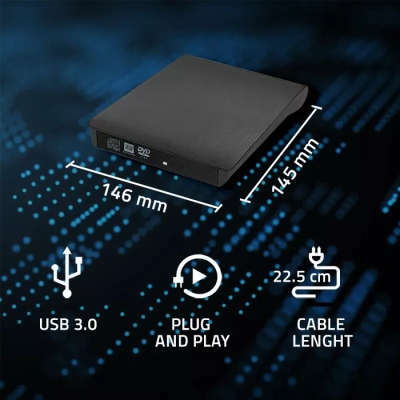 Ārējais DVD‑RW diskdzinis QOLTEC 51857 — USB 3.0, SATA interfeiss, DVD±R 8x, DVD±RW 4x, DVD‑RAM 5x, CD 24x, melns