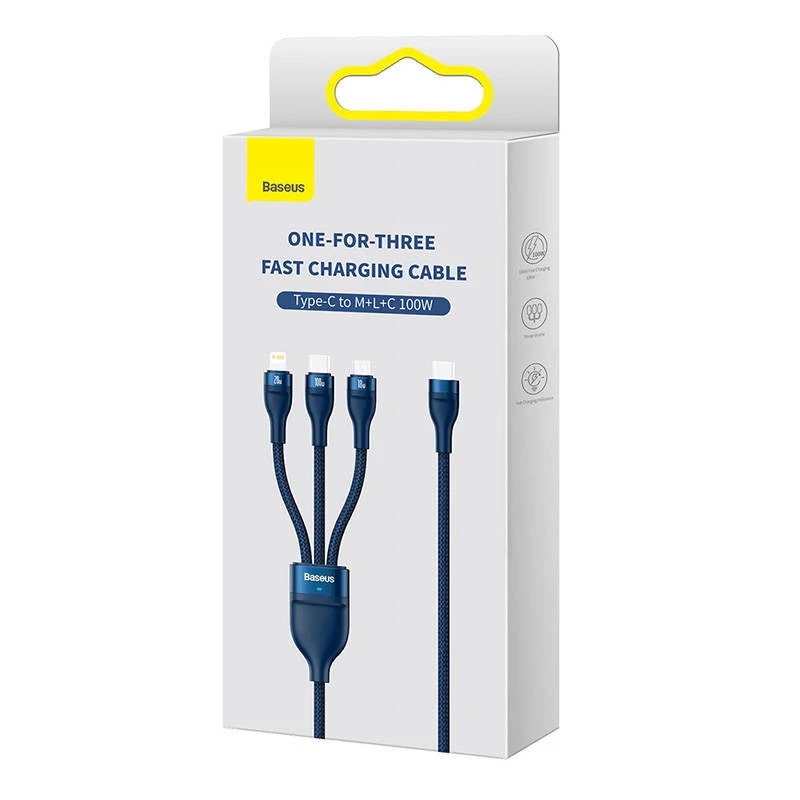 3in1 USB kabelis Baseus Flash Series 2, USB-C + micro USB + Lightning, 100W, 1,5m (zils)