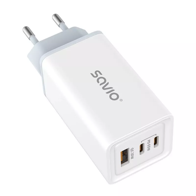 SAVIO LA-07 GaN 65W tīkla lādētājs, USB, QC4.0+, PD 3.0, Balts