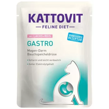 KATTOVIT gastro veterinārā sausā kaķu barība 85 g — rīsi & lasis, pieaugušiem kaķiem, bez lipekļa, 8% olbaltumvielu