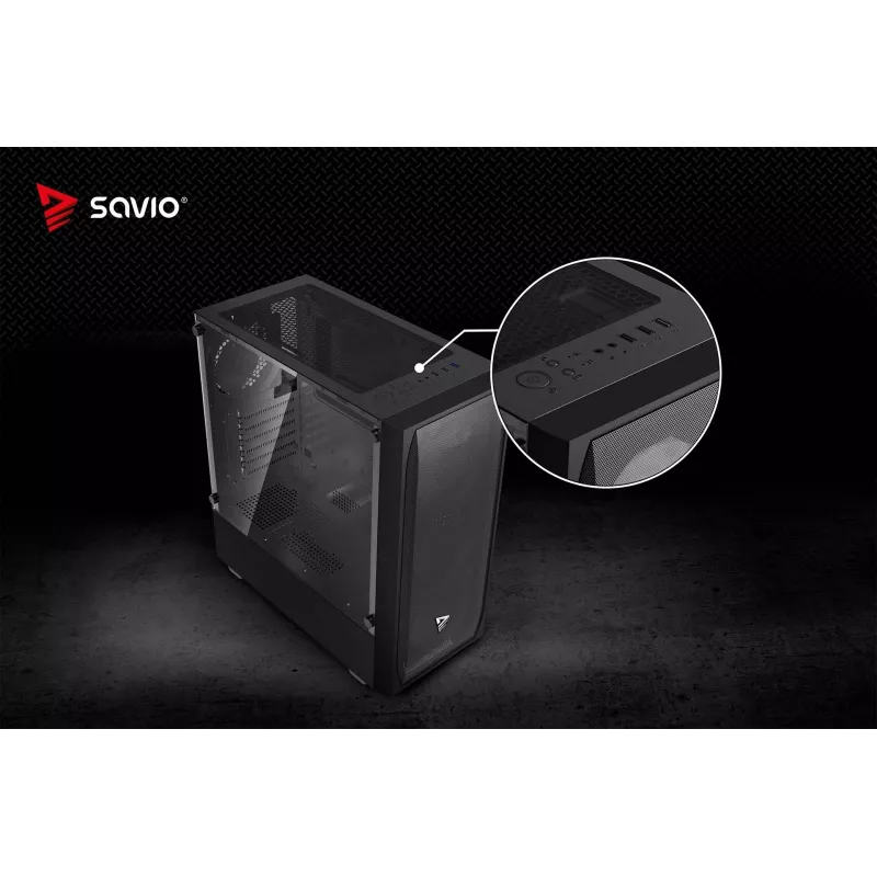PC korpuss SAVIO Noctis Flow — Cube Mini‑ITX/Micro‑ATX/ATX, 3x120mm priekšā, 1x120mm aizmugurē, 2x3.5 collu + 3x2.5 collu sloti, rūdīts stikls